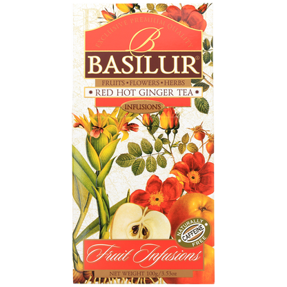 Basilur Red Hot Ginger 100 g, front kartonowego pudełka z ilustracją owoców i kwiatów