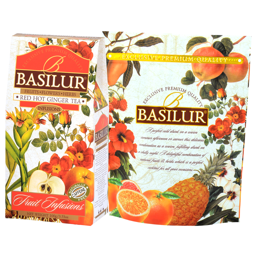 Basilur Red Hot Ginger, kartonowe pudełko oraz dekorowana torebka wewnętrzna na herbatę