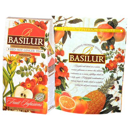 Basilur Red Hot Ginger, kartonowe pudełko oraz dekorowana torebka wewnętrzna na herbatę