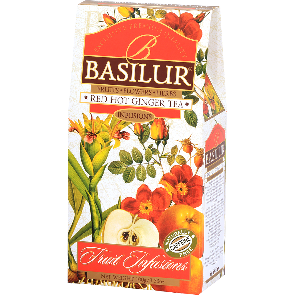 Opakowanie Basilur Red Hot Ginger 100 g widziane pod kątem z widocznym bokiem pudełka