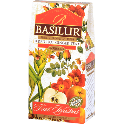 Opakowanie Basilur Red Hot Ginger 100 g widziane pod kątem z widocznym bokiem pudełka