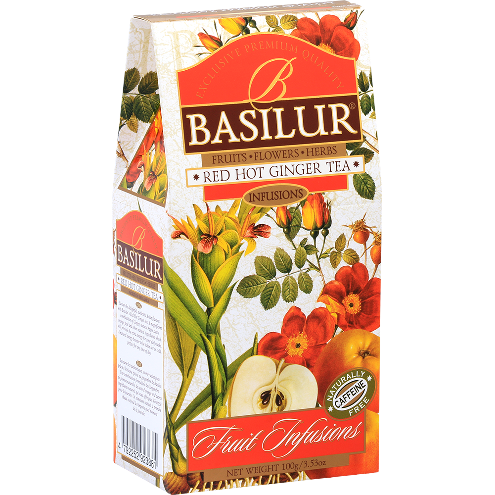 Herbata owocowa Basilur Red Hot Ginger 100 g, pudełko pokazane z przeciwnej strony