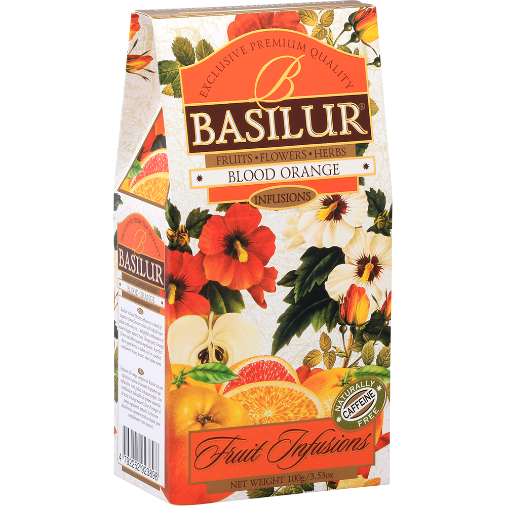 Bok opakowania Basilur Blood Orange – elegancki wzór z owocami cytrusowymi.