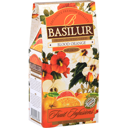 Bok opakowania Basilur Blood Orange – elegancki wzór z owocami cytrusowymi.