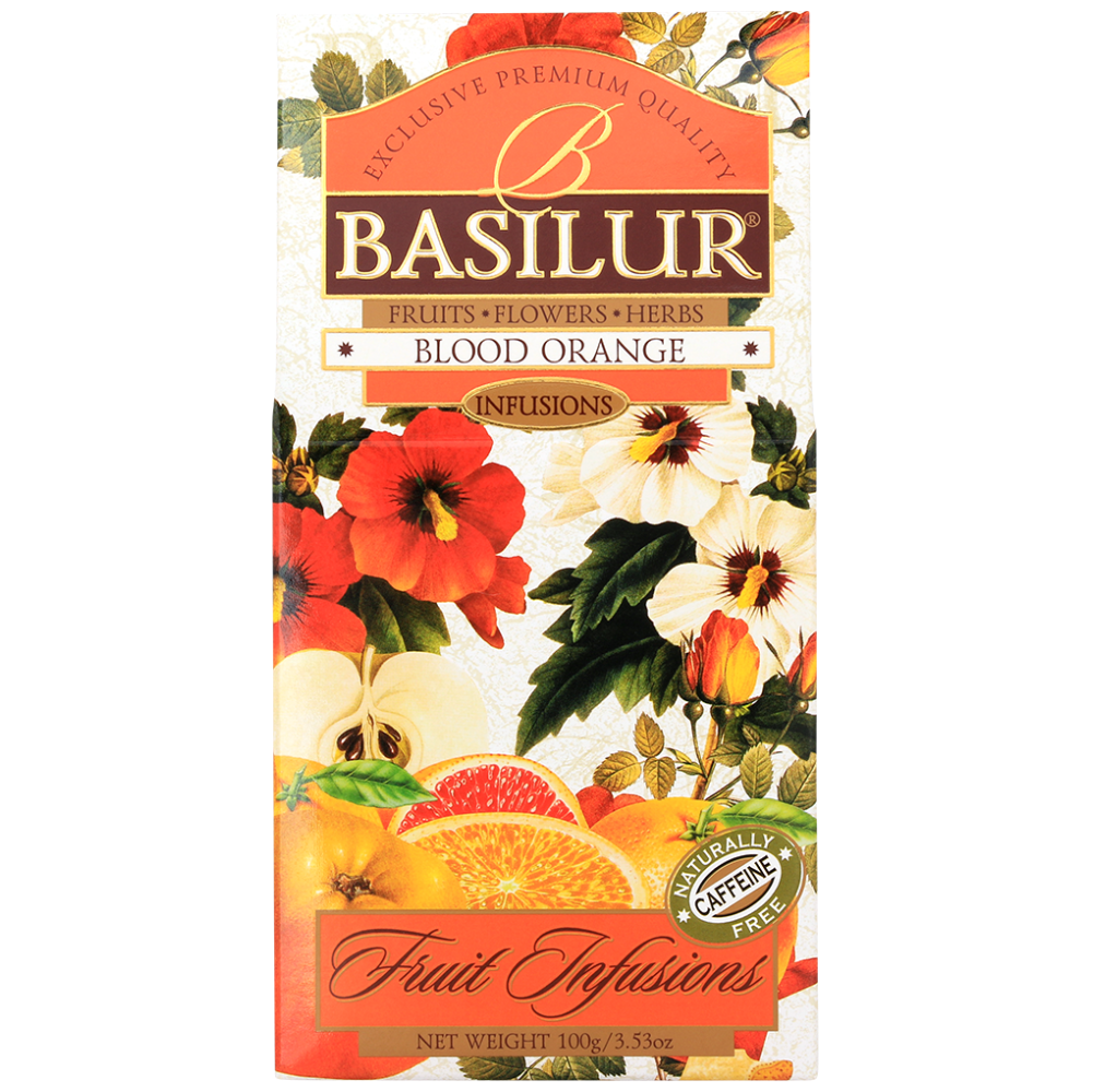 Herbata Basilur Blood Orange – front pudełka z motywem pomarańczy i kwiatów.