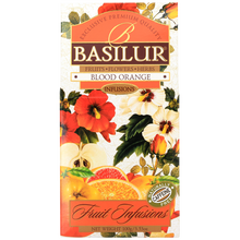 Herbata Basilur Blood Orange – front pudełka z motywem pomarańczy i kwiatów.