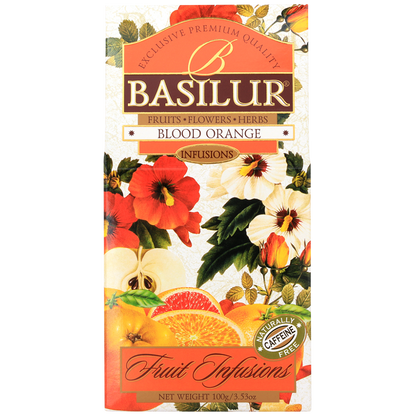 Herbata Basilur Blood Orange – front pudełka z motywem pomarańczy i kwiatów.
