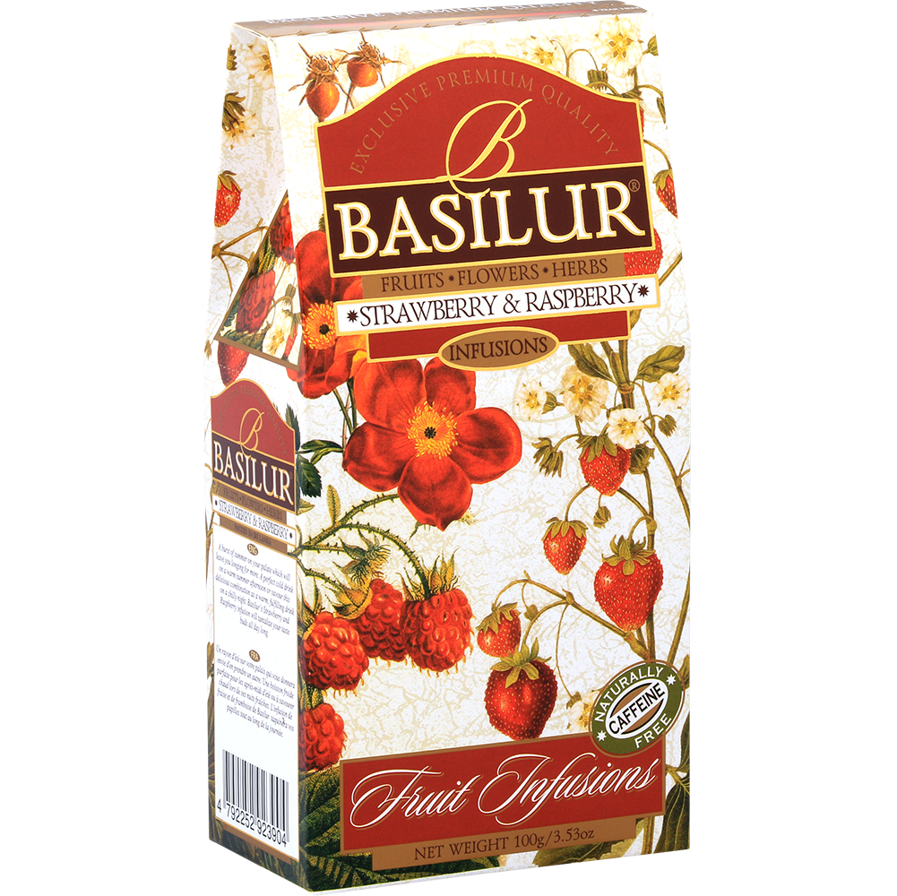 Bok opakowania Basilur Strawberry & Raspberry – herbata owocowa z malinami i truskawkami.