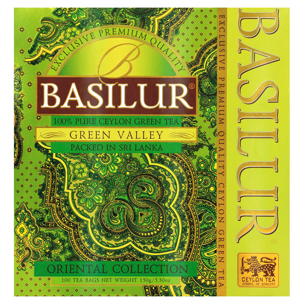 Basilur Green Valley zielona herbata cejlońska 100 torebek, frontowe zdjęcie opakowania Oriental Collection.