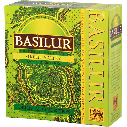 Herbata zielona Basilur Green Valley 100 torebek w dekoracyjnym zielonym opakowaniu Oriental Collection, widok z przodu i boku.