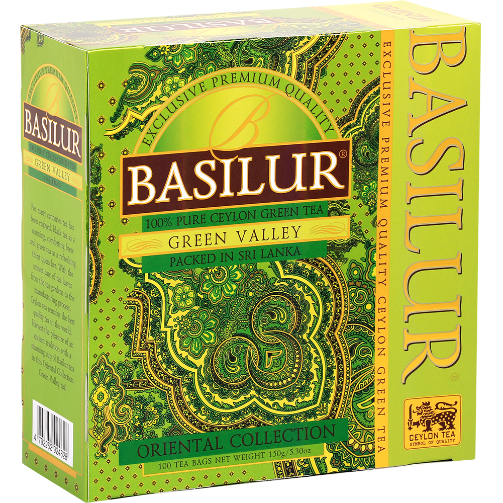 Basilur Green Valley zielona herbata cejlońska w opakowaniu 100 torebek, widok pudełka pod kątem.