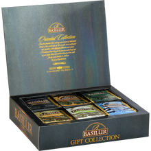 Otwarte pudełko Basilur Oriental Gift Collection z sześcioma rodzajami herbat w kopertach.