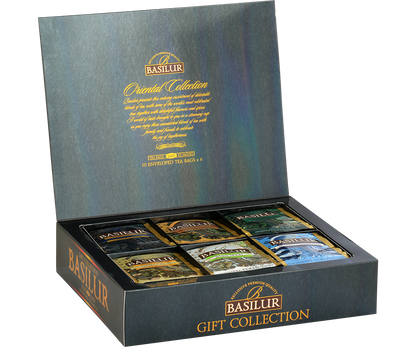 Otwarte pudełko Basilur Oriental Gift Collection z sześcioma rodzajami herbat w kopertach.