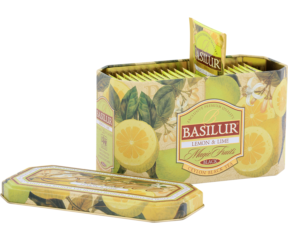 Otwarta puszka Basilur Lemon & Lime z 20 kopertami herbaty.