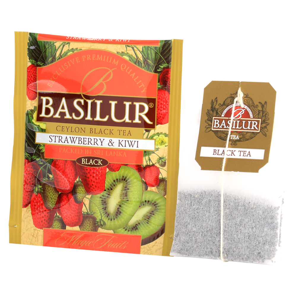 Koperta i torebka herbaty Basilur Strawberry & Kiwi z serii Magic Fruits.