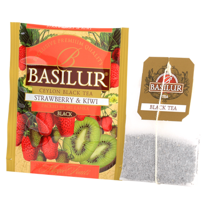Koperta i torebka herbaty Basilur Strawberry & Kiwi z serii Magic Fruits.