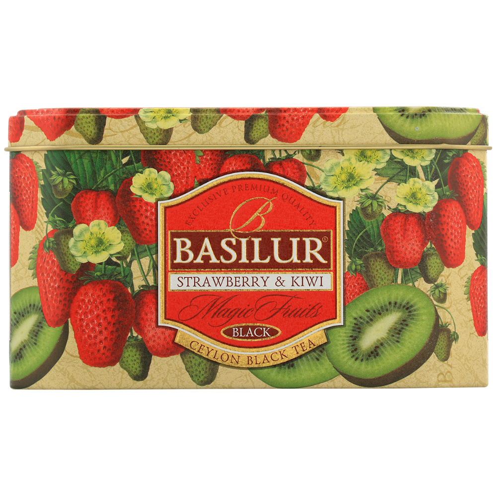 Puszka herbaty Basilur Strawberry & Kiwi – czarna herbata cejlońska z owocami.