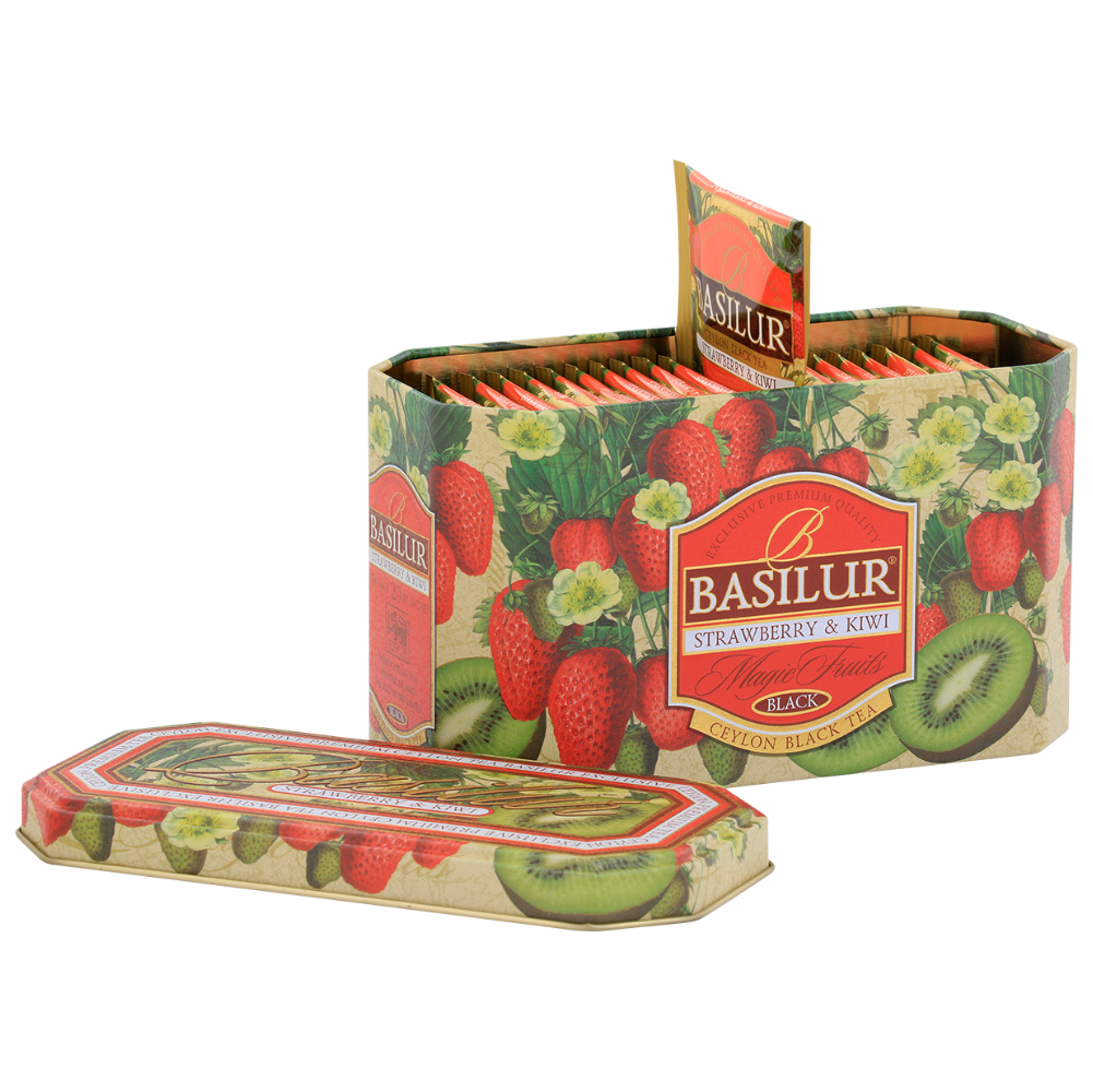 Otwarta puszka Basilur Strawberry & Kiwi z 20 kopertami herbaty.