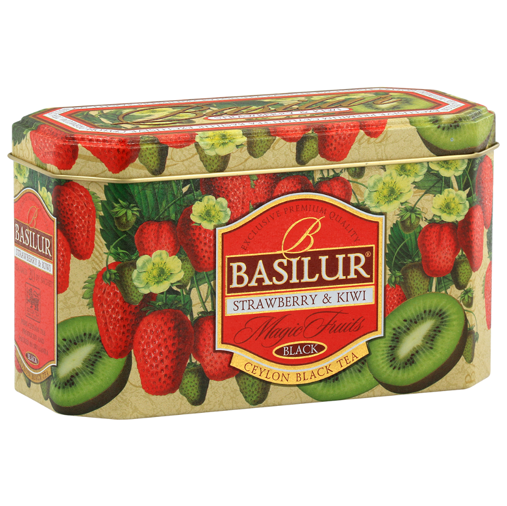 Herbata Basilur Strawberry & Kiwi w ozdobnej puszce z motywem truskawek i kiwi.