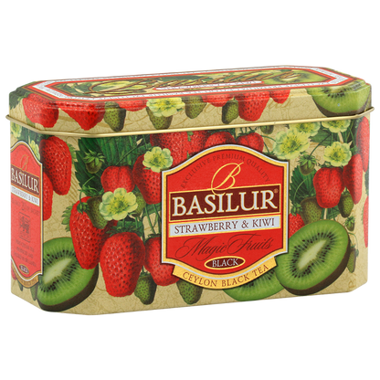 Herbata Basilur Strawberry & Kiwi w ozdobnej puszce z motywem truskawek i kiwi.