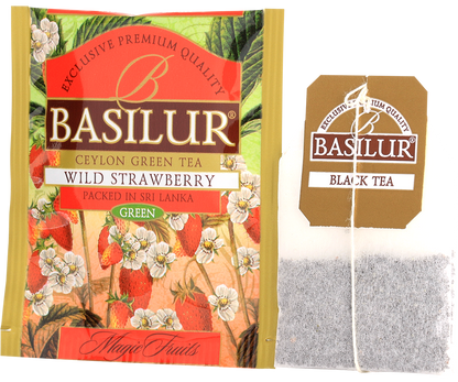 Koperta i torebka herbaty Basilur Wild Strawberry – zielona herbata cejlońska z nutą truskawki.