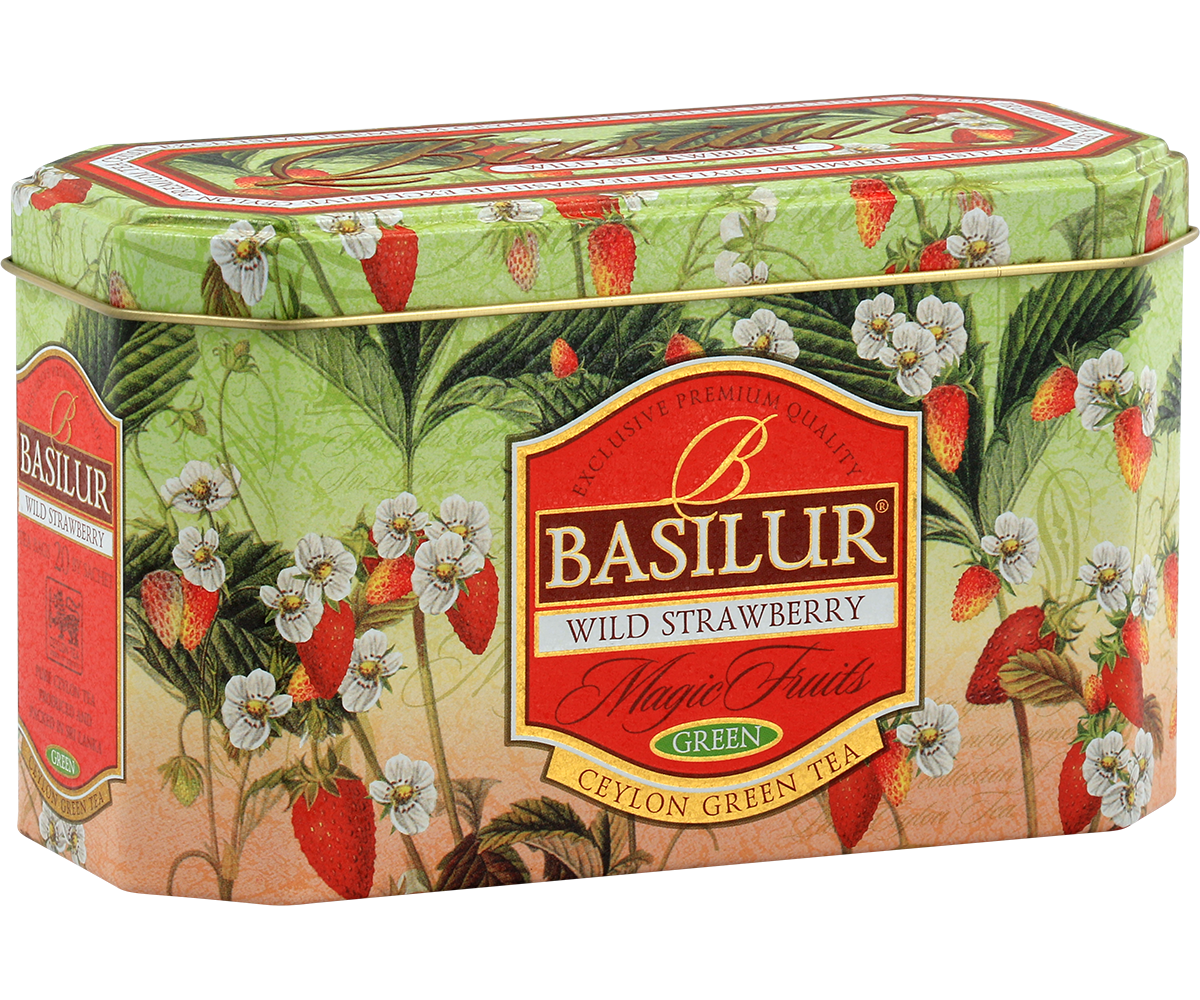 Boczne ujęcie puszki Basilur Wild Strawberry z ozdobnym nadrukiem owoców truskawki.