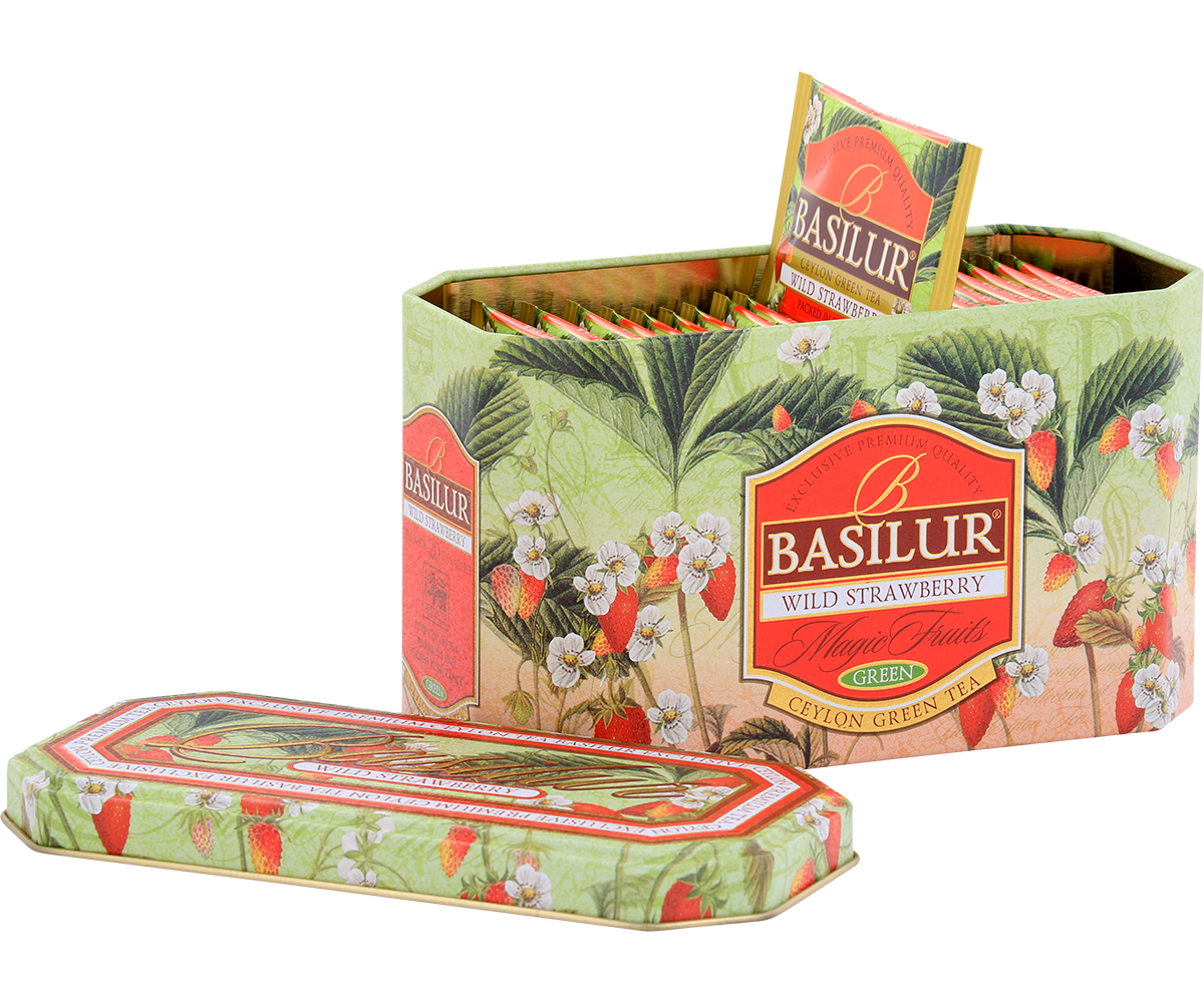 Otwarta puszka Basilur Wild Strawberry z kopertami herbaty o truskawkowym aromacie.
