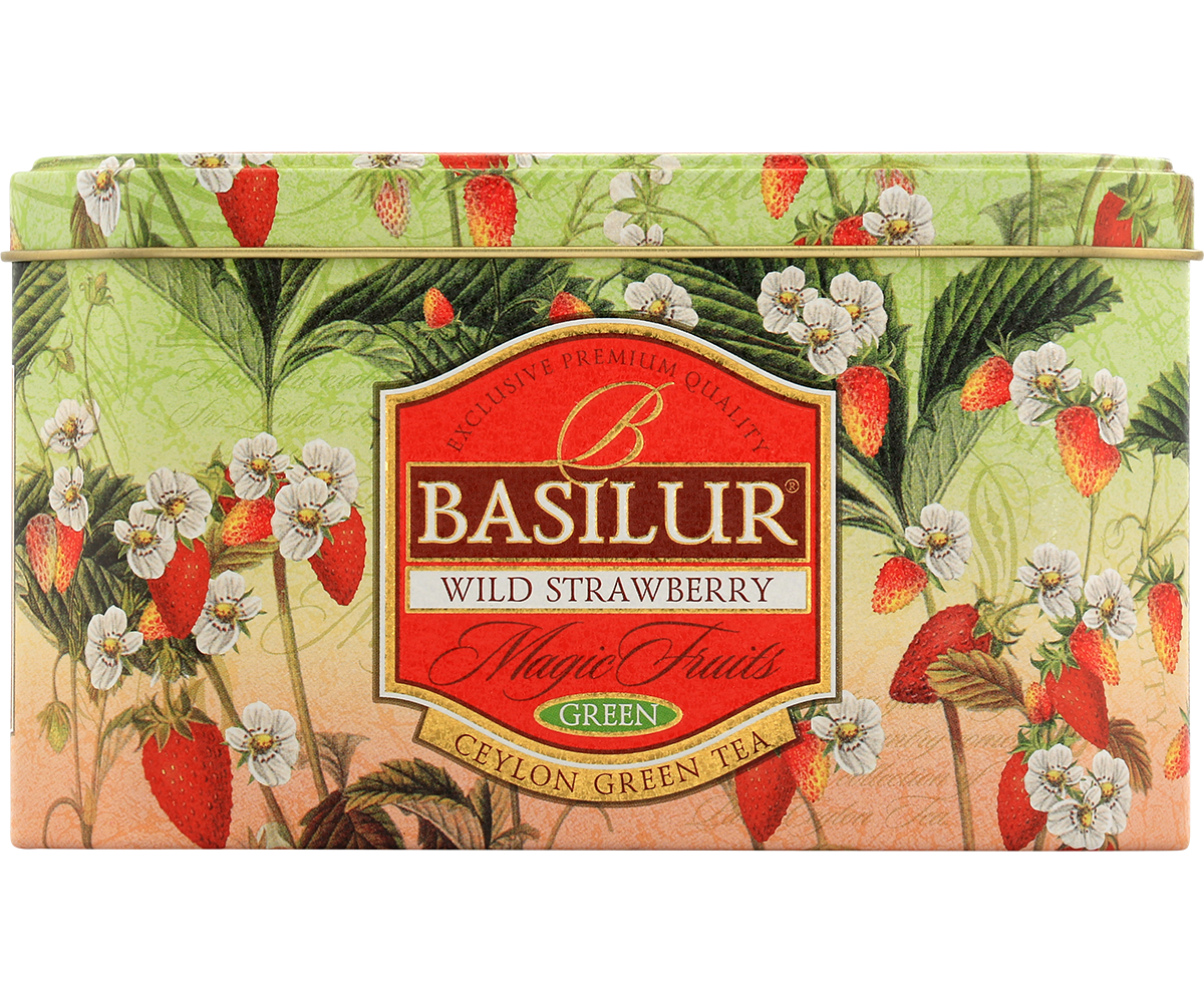 Puszka herbaty Basilur Wild Strawberry z motywem truskawek i kwiatów, zielona herbata cejlońska.