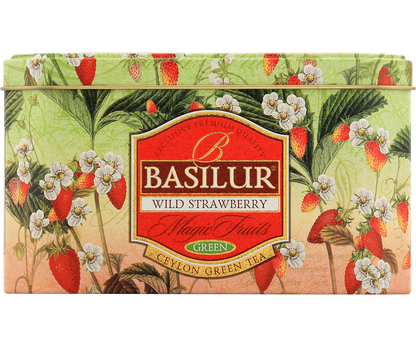 Puszka herbaty Basilur Wild Strawberry z motywem truskawek i kwiatów, zielona herbata cejlońska.