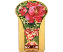 Puszka Basilur Peonies w kształcie bukietu – elegancki prezent z czarną herbatą.