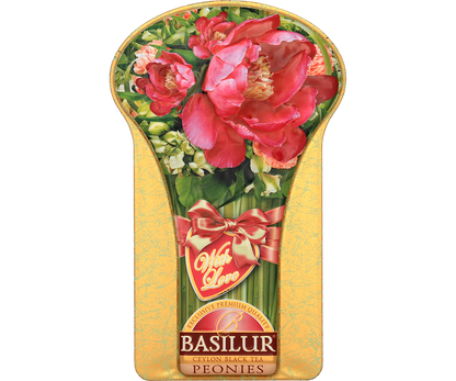 Puszka Basilur Peonies w kształcie bukietu – elegancki prezent z czarną herbatą.