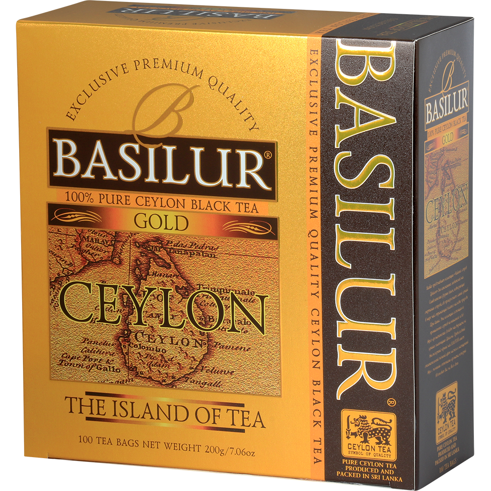 Bok pudełka Basilur Gold – eleganckie opakowanie herbaty premium.