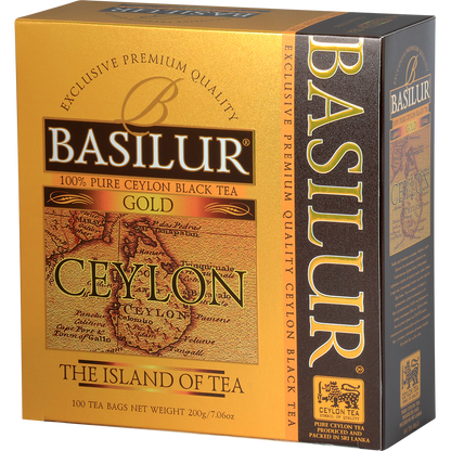 Bok pudełka Basilur Gold – eleganckie opakowanie herbaty premium.