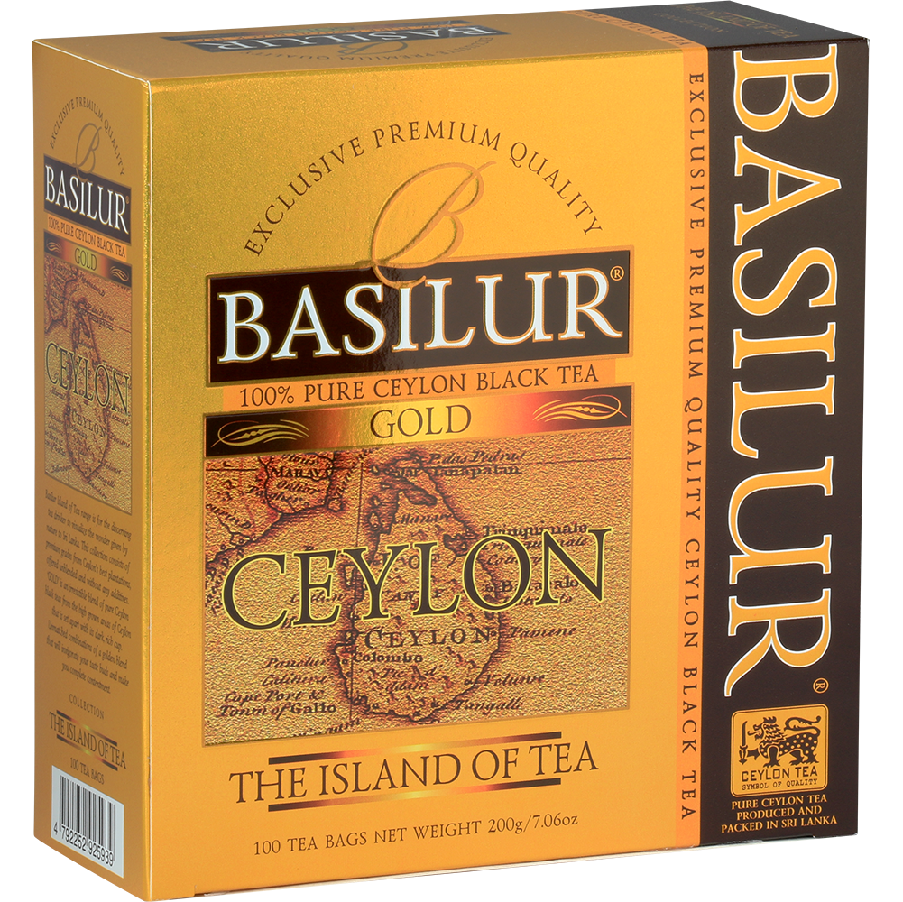 Herbata Basilur Gold – złote opakowanie z mapą Cejlonu, 100 torebek herbaty.