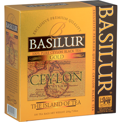 Herbata Basilur Gold – złote opakowanie z mapą Cejlonu, 100 torebek herbaty.