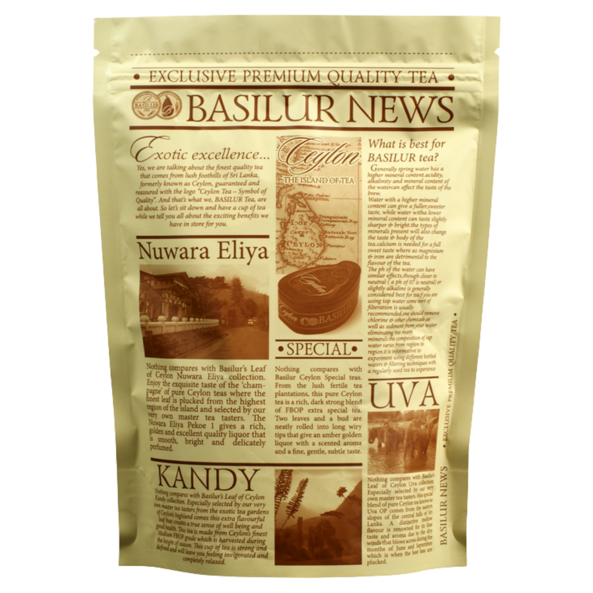 Opakowanie herbaty Basilur Uva z serii Basilur News z opisem regionów Cejlonu.