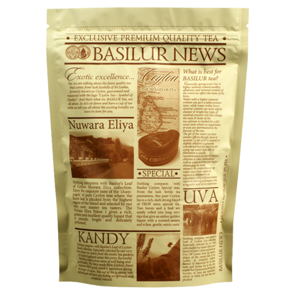 Opakowanie herbaty Basilur Uva z serii Basilur News z opisem regionów Cejlonu.