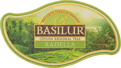 Pokrywka puszki Basilur Radella Green z logo marki.