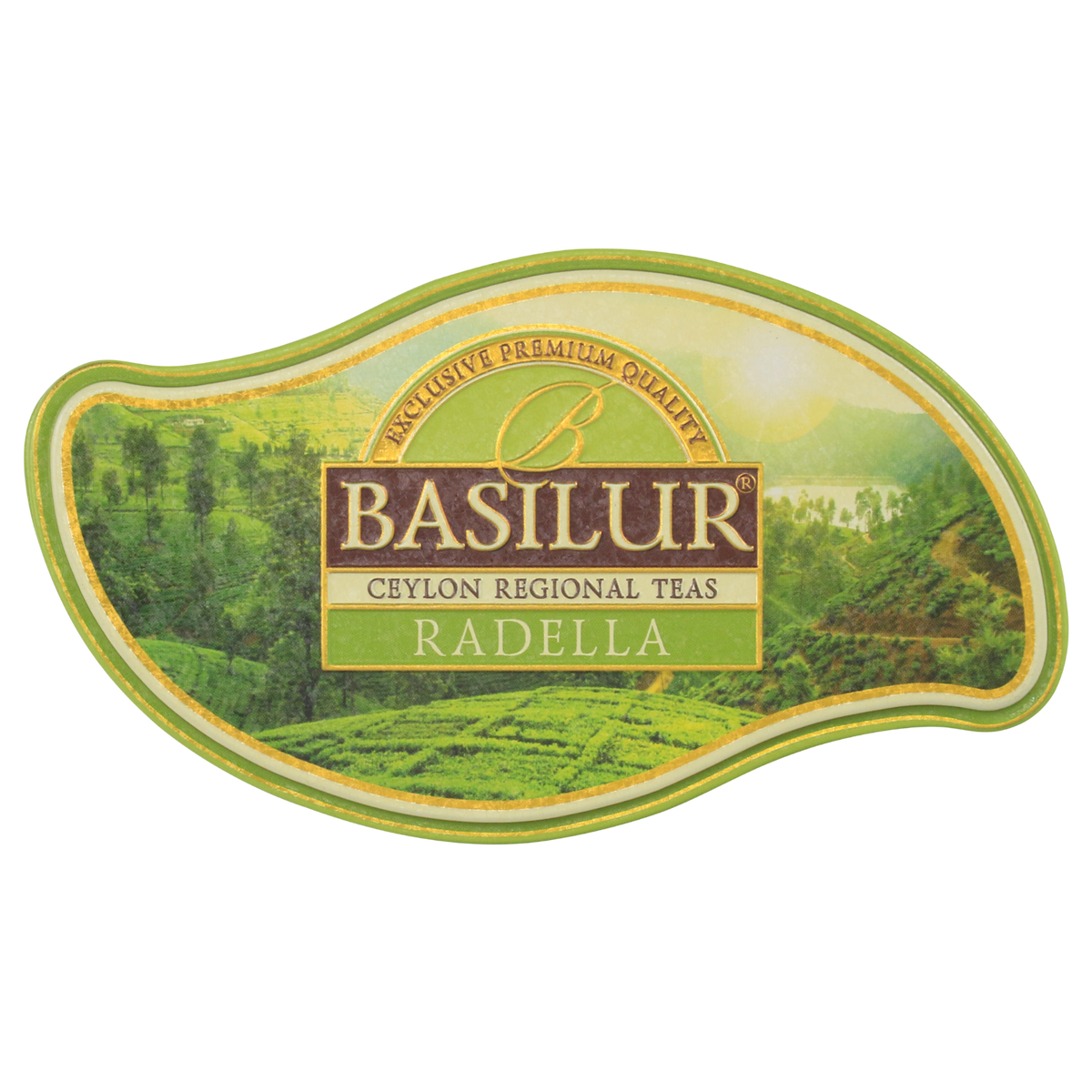 Pokrywka puszki Basilur Radella Green z logo marki.