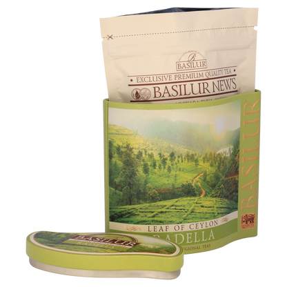 Herbata Basilur Radella Green w eleganckim metalowym opakowaniu.