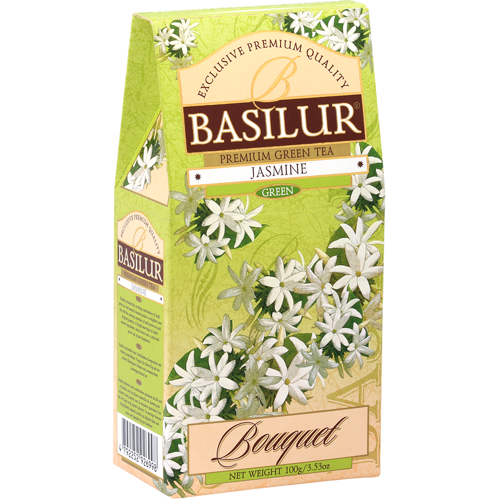 Bok pudełka Basilur Jasmine z informacjami o herbacie.