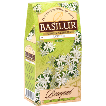 Bok pudełka Basilur Jasmine z informacjami o herbacie.