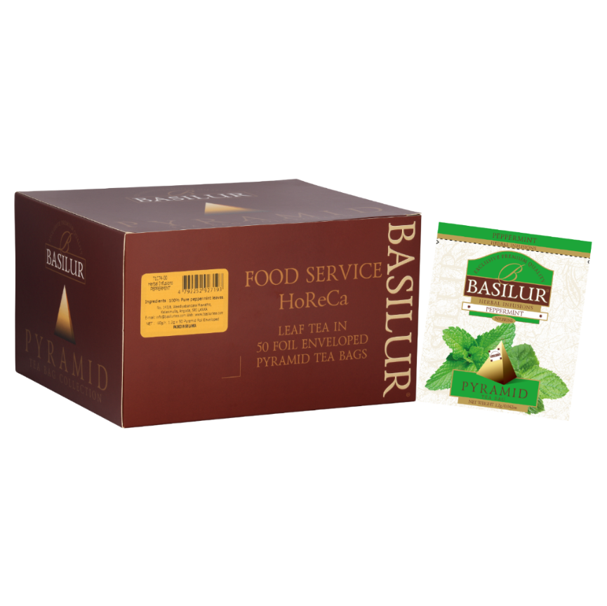 Opakowanie Basilur Peppermint – ziołowa herbata w piramidkach o smaku mięty pieprzowej, idealna do gastronomii.