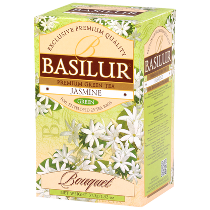 Przód opakowania Basilur Jasmine – zielona herbata jaśminowa.

