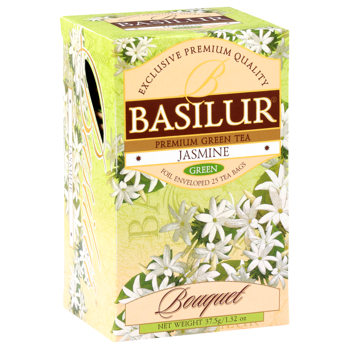 Bok pudełka Basilur Jasmine z motywem białych kwiatów jaśminu.