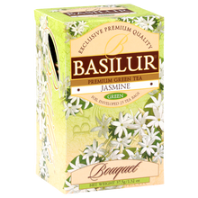 Bok pudełka Basilur Jasmine z motywem białych kwiatów jaśminu.