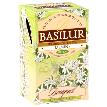 Bok pudełka Basilur Jasmine z motywem białych kwiatów jaśminu.