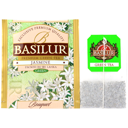 Herbata zielona Basilur Jasmine w torebce z kwiatowym aromatem jaśminu.