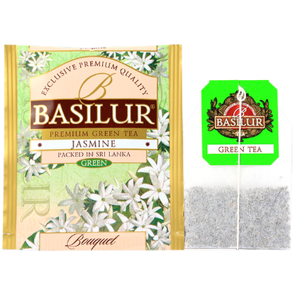 Herbata zielona Basilur Jasmine w torebce z kwiatowym aromatem jaśminu.