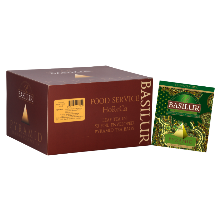 Opakowanie Basilur Moroccan Mint – zielona herbata z miętą w piramidkach, inspirowana tradycją marokańską.